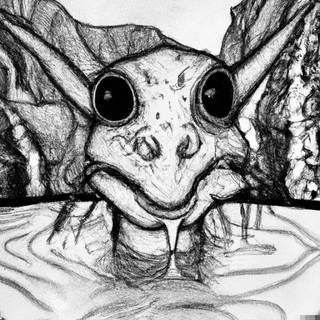 A pencil sketch of a wide-eyed kobold peering over the water
